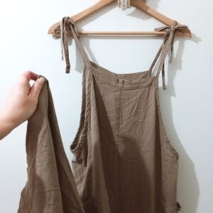 Three Bird Nest Easel Tan Linen Blend Shoulder Tie Relax Fit Wide Leg Jumpsuit